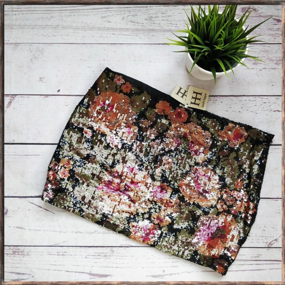 HAUTE HIPPIE Floral Print Sequin Party Chic Mini Skirt M NWT